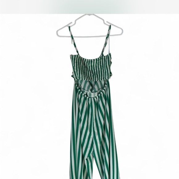 Green Striped Peep Hole Dressy Summer Beach Vacation Lightweight Jumpsuit - Picture 3 of 7